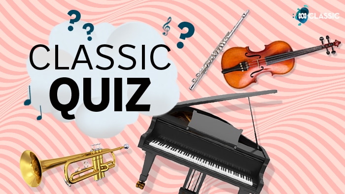 A piano, trumpet, flute, and violin around the words "Classic Quiz."