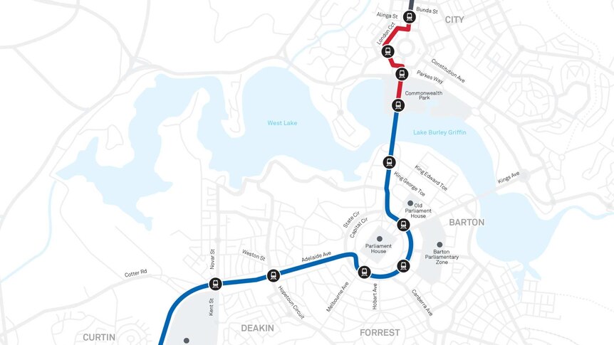 The map shows the light rail line running across Canberra.
