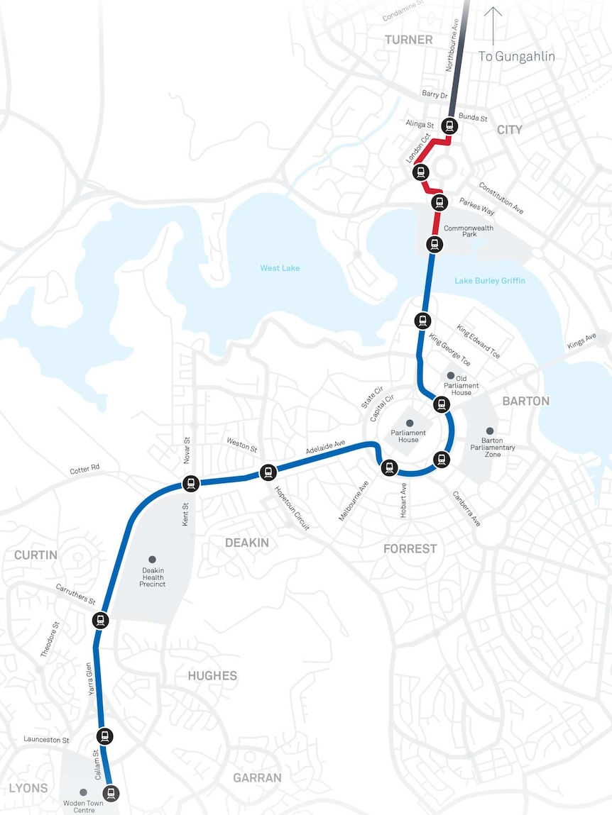 The map shows the light rail line running across Canberra.