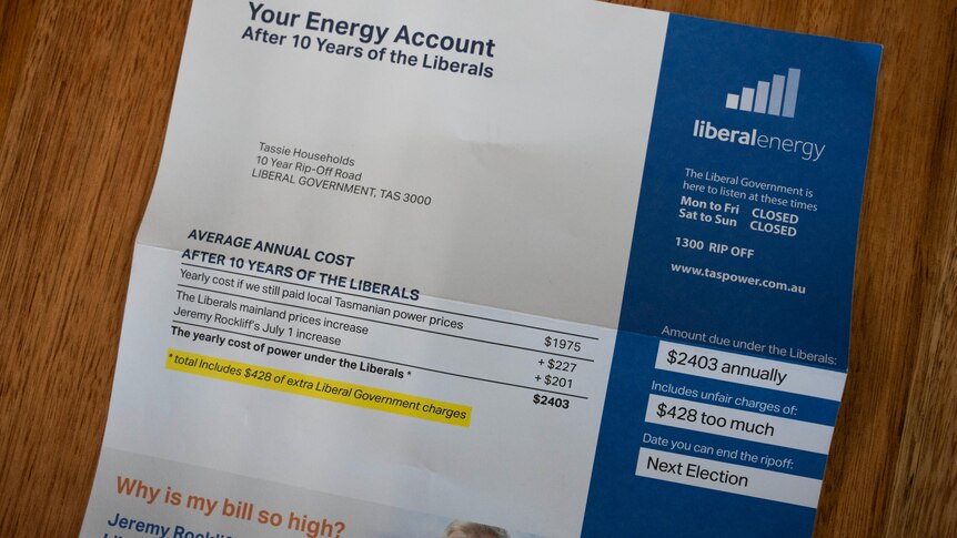 Les travaillistes de Tasmanie défendent une brochure conçue pour ressembler à une facture d’énergie attaquant le prix de l’électricité sous les libéraux