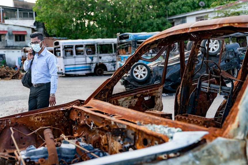 Burnt-out cars.