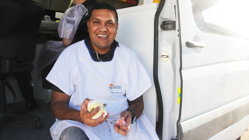 Paul Talbot at his mobile denture clinic in Moree.