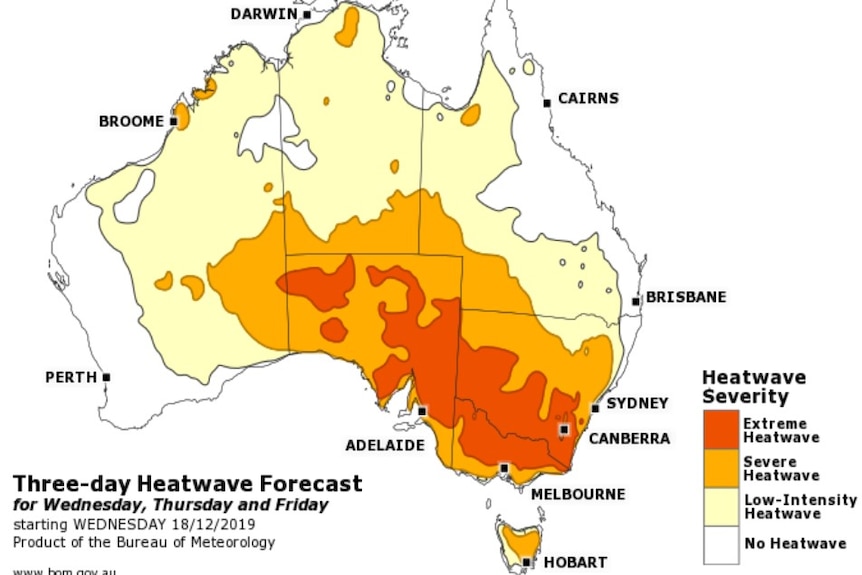 Bureau of Meteorology map showing parts of the country and forecast heatwave severity.