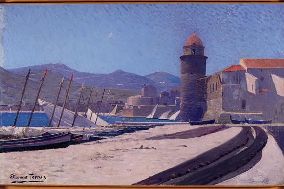 Painting of sailboats docked near some buildings on a sunny day
