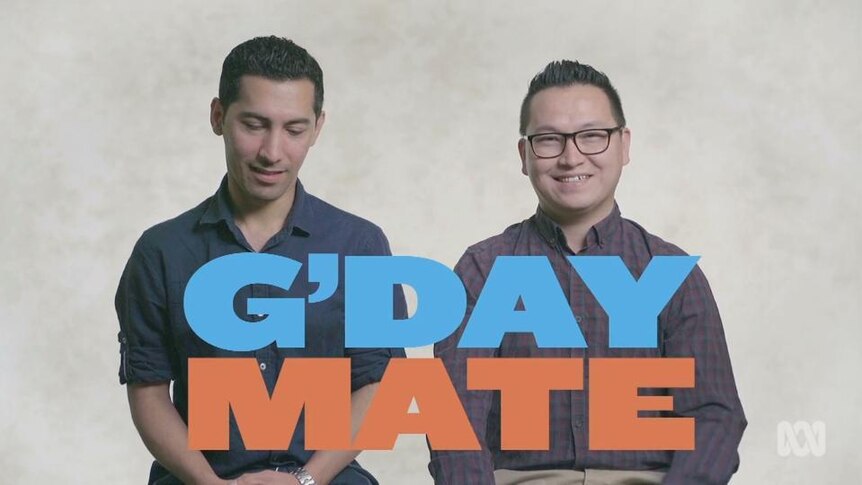 Two men sit side-by-side, text overlay reads 'G'day mate'