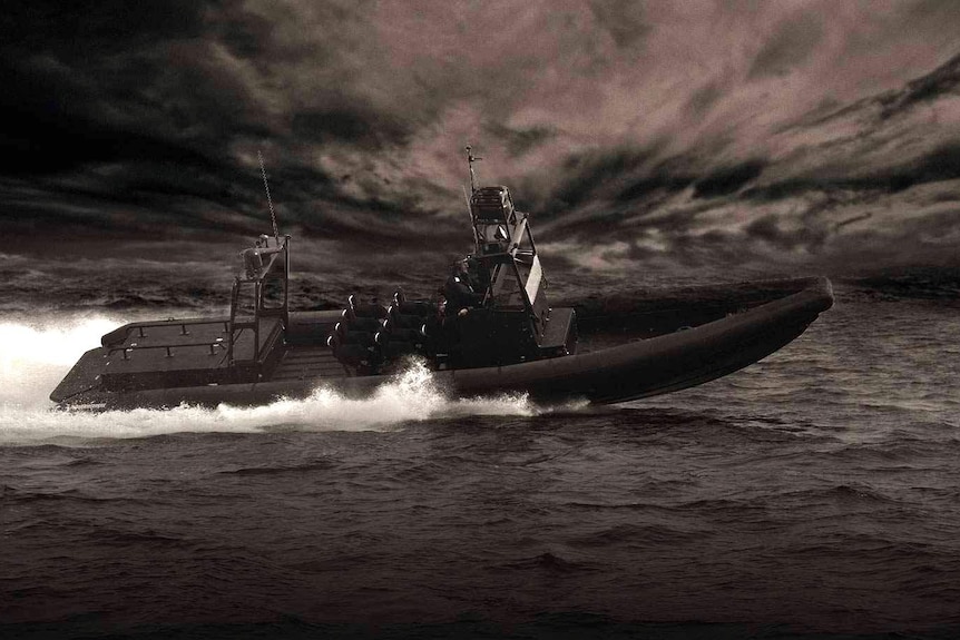 A rigid-hulled inflatable boat travels through the sea with water spraying from behind it