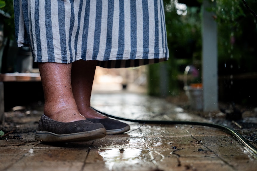 A low shot from the ground of water dripping from plants in a greenhouse onto a woman's shoes.