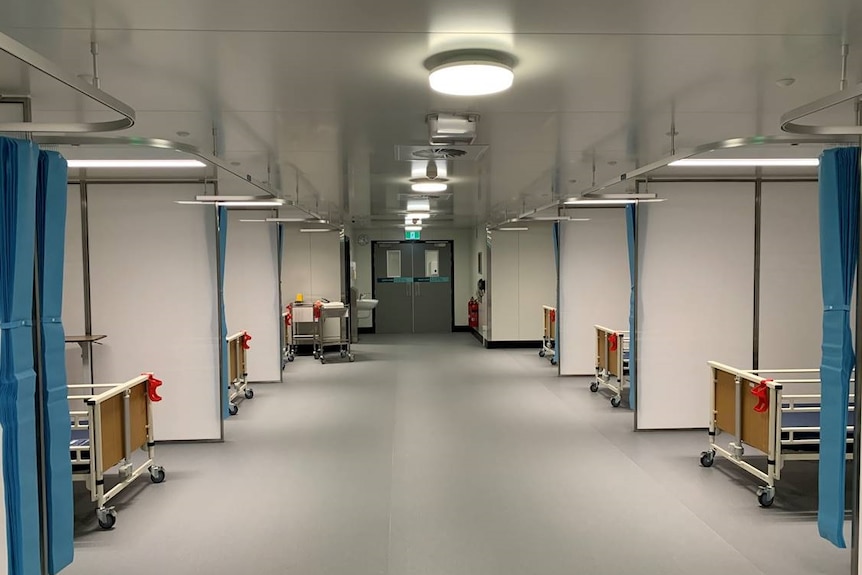 A hospital ward with rows of beds.