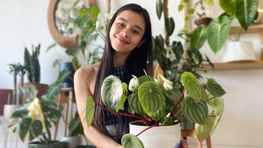 Woman holds a watermelon plant inside a nursery for indoor plants, in a story about busting indoor plant myths.