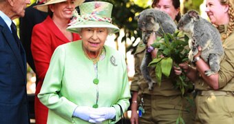 Queen Elizabeth II and the Duke of Edinburgh are greeted by two koalas during a trip to Brisbane.