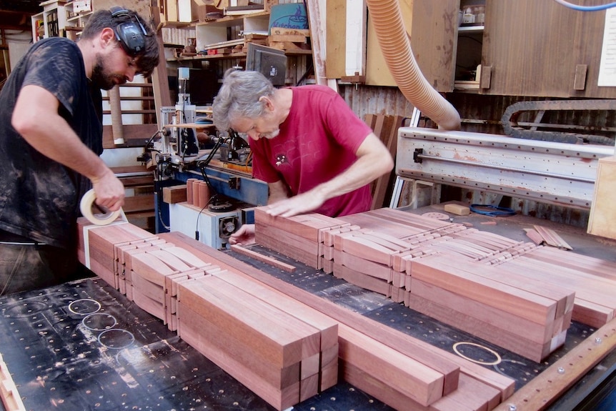 Albany wood manufacturer Dean Malcolm at work on a jarrah piece.