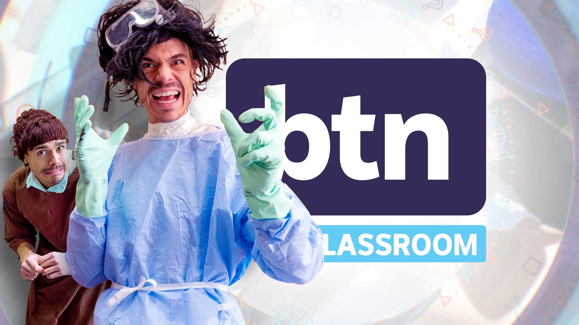 Two photos of Jack, one as a mad scientist and the other as a hunch backed servant. BTN logo in the background.