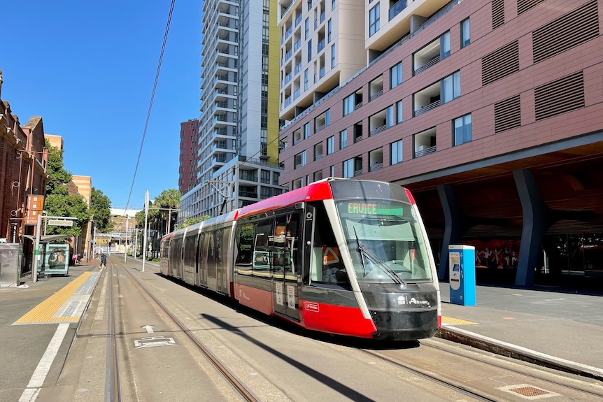 a light rail tram on tracks in the city