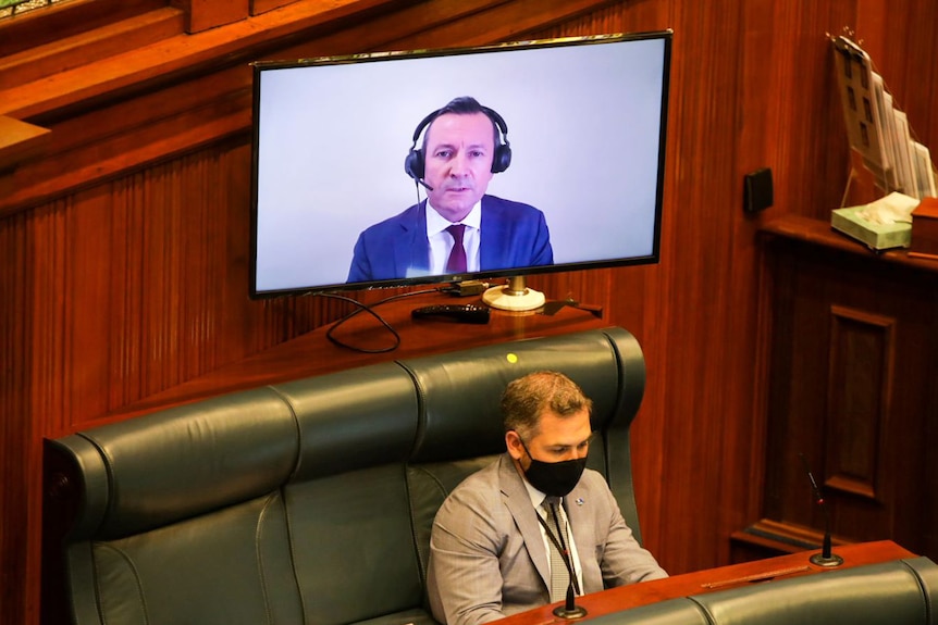 A video screen showing Mark McGowan in the WA Parliament