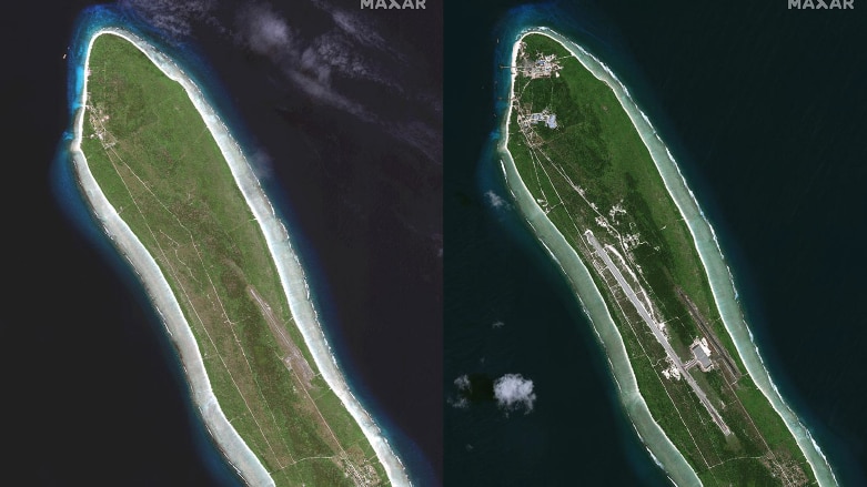 Two images side by side showing a long thing island before and after a long runway was built on it.