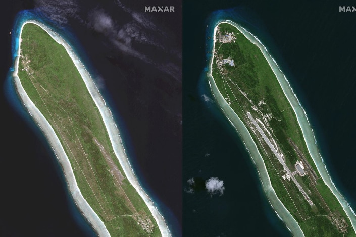 Two images side by side showing a long thing island before and after a long runway was built on it.
