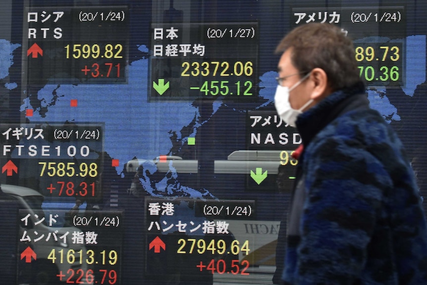 A man in a face mask walks past a stock market sign.