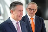 Anthony Albanese looks at an out of focused Mark Butler. 