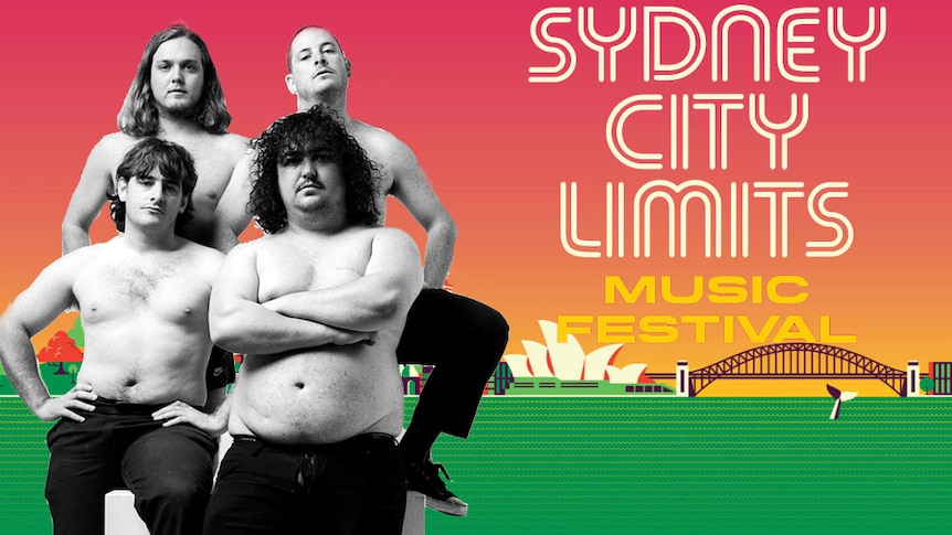 A press shot of Pist Idiots imposed over the Sydney City Limits festival artwork