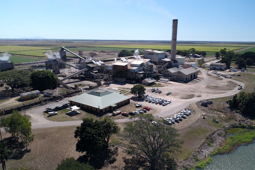 Aerial view of a sugar mill near Ayr in north Queensland