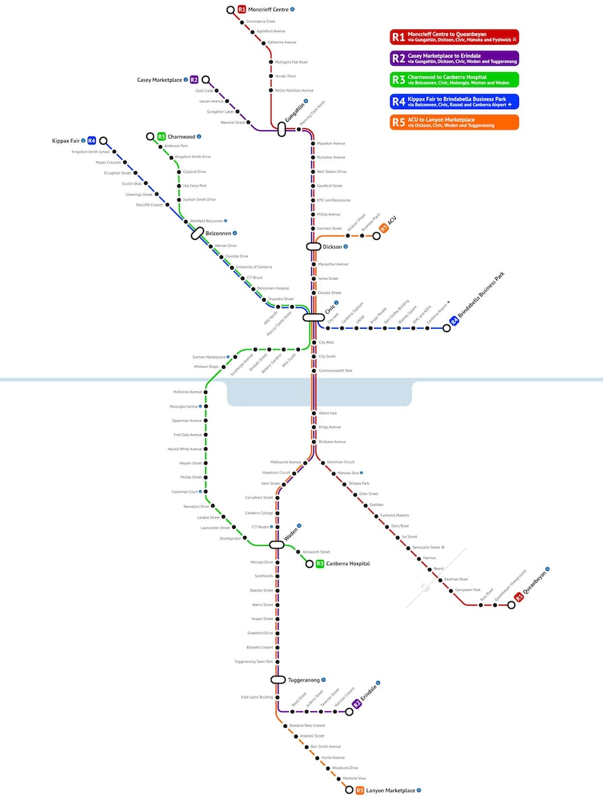 A fantasy light rail map of Canberra and Queanbeyan showing five major routes.