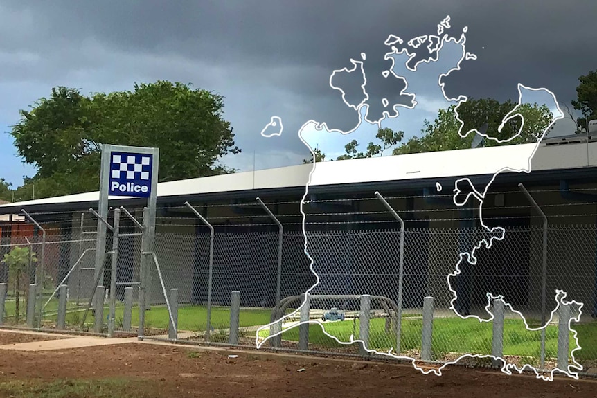 The police station at Groote Eylandt and a map of the island.