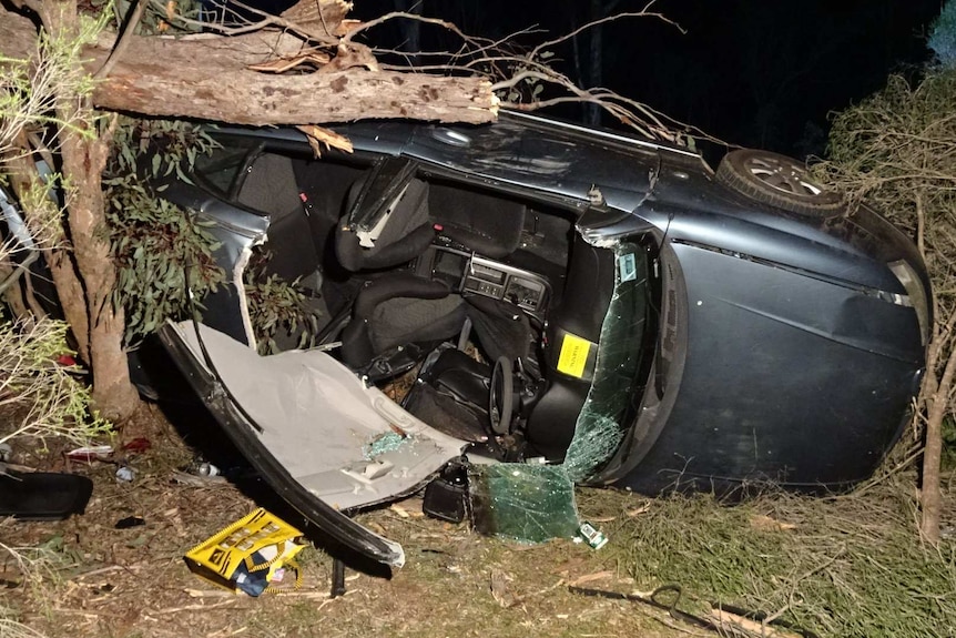 A car lies on its side wedged between broken trees and bushes with its roof cut off after crashing.