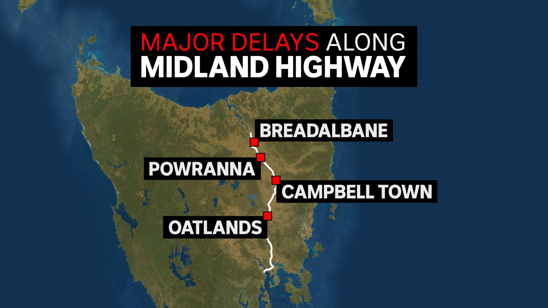 A map of Tasmania showing some of the locations of major delays along the Midland Highway.