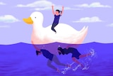 Illustration of a child on a white duck with their parents underwater kicking for story about parents' work-life balance