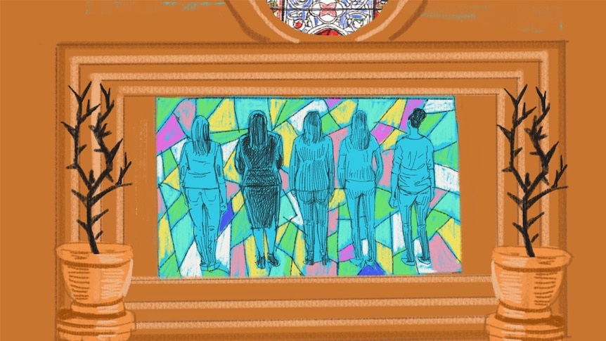 An illustration shows several women framed in a stained glass window.