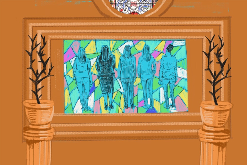 Women framed in a stained glass window.