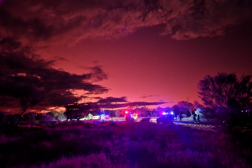 emergency workers in the bush at sunset