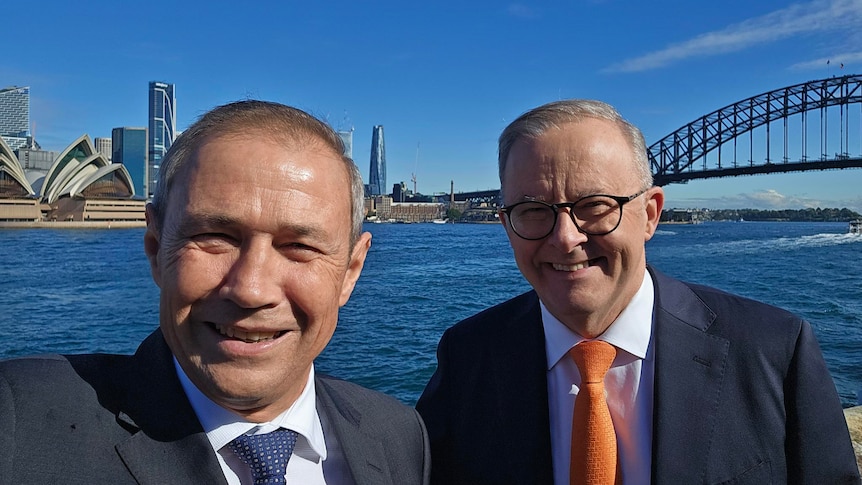 Two middle-aged men in suits pose for a selfie in front of Sydney Harbour on a sunny day.