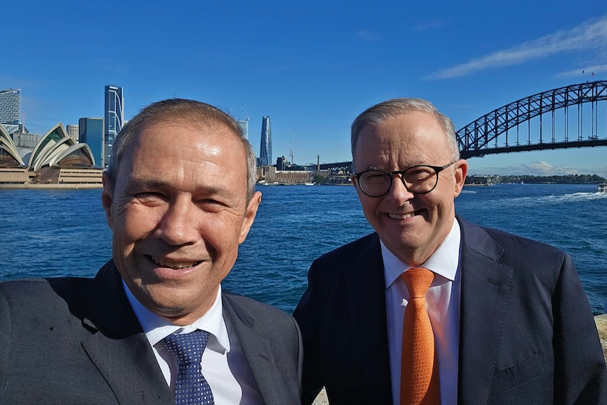 Two middle-aged men in suits pose for a selfie in front of Sydney Harbour on a sunny day.