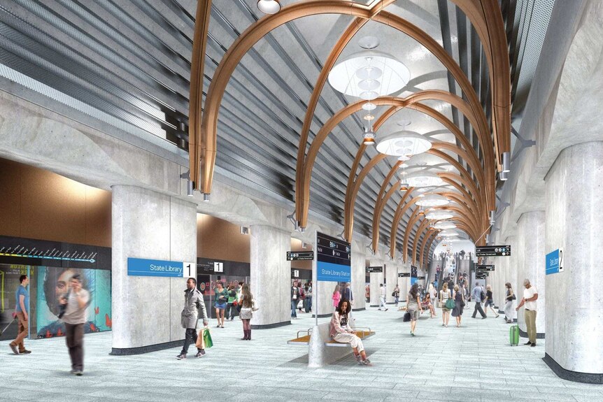 A concept image of the platform at the new State Library Station with high arches decorated with timber and concrete pillars.