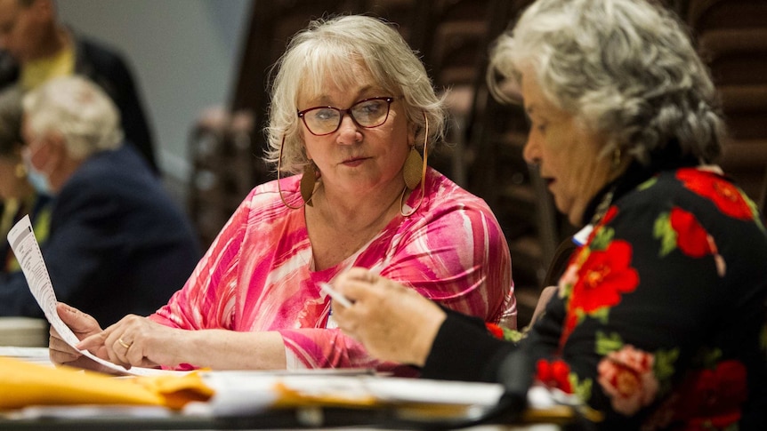 Walker County Ballot Review Board members Beverly Harriss and Nancy Burton discuss a ballot