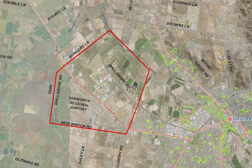 Map of potential PFAS contamination area including Tamworth Airport.