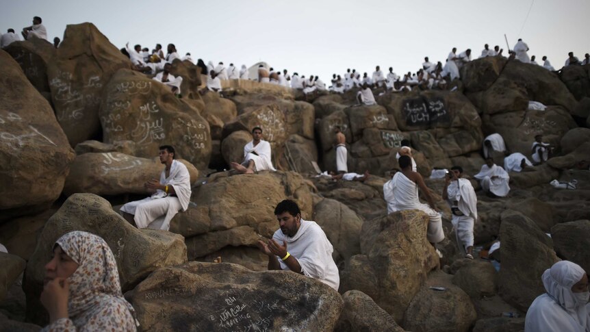 Muslim pilgrims join one of the Hajj rituals on Mount Arafat