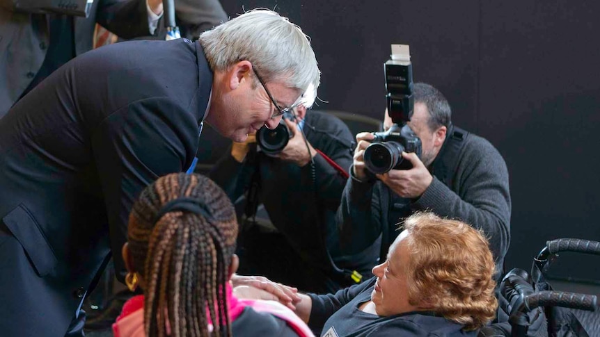 Prime Minister Kevin Rudd talks to people at the launch of DisabilityCare Australia.