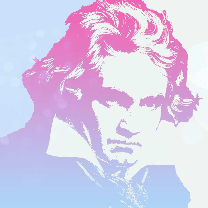 An outline of Beethoven's head in Magenta, with the text "Beethoven 250" next to it.