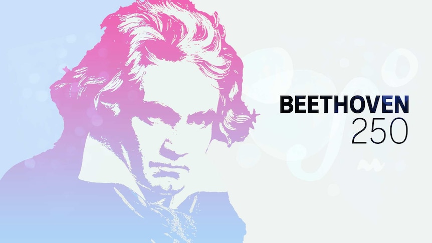 An outline of Beethoven's head in Magenta, with the text "Beethoven 250" next to it.