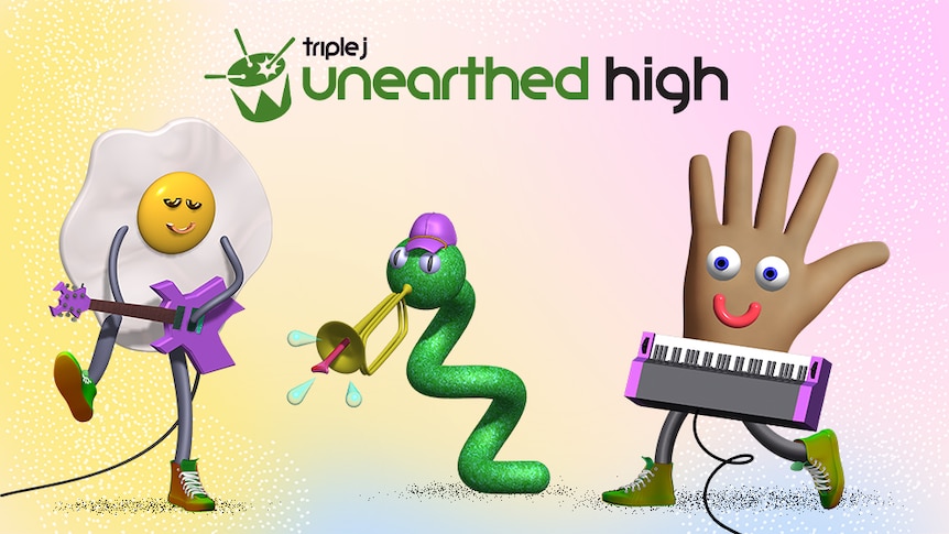 Atop a pink-yellow background is the Unearthed High logo as well as an animated egg, snake and hand playing instruments.