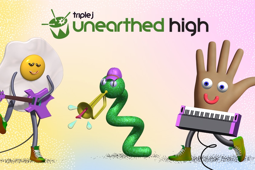 Atop a pink-yellow background is the Unearthed High logo as well as an animated egg, snake and hand playing instruments.