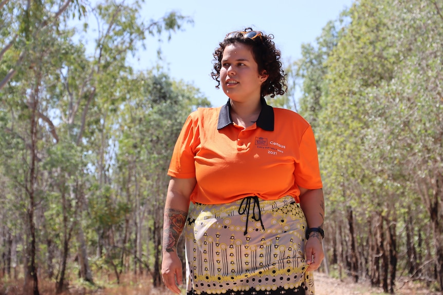 Jessie Bonson looks into the distance in a remote community in the NT. 