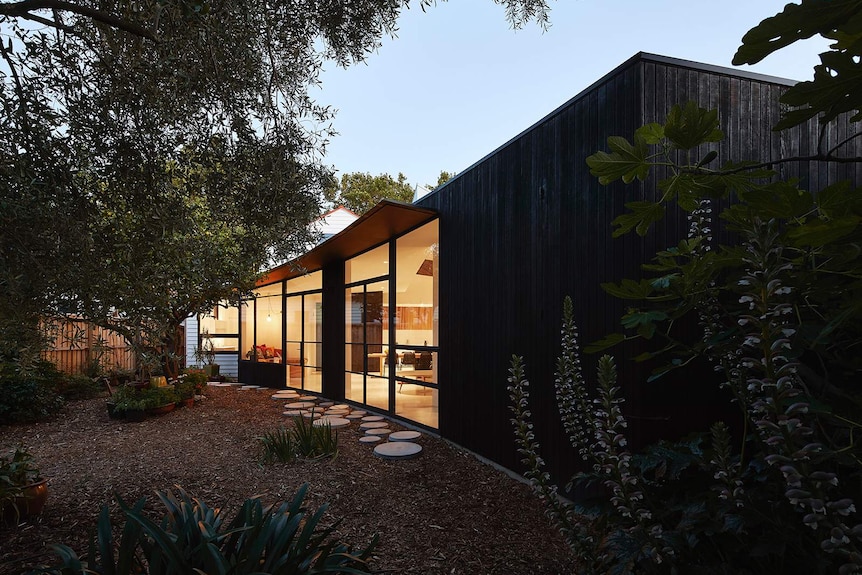 The exterior of a house with an overhanging tree.