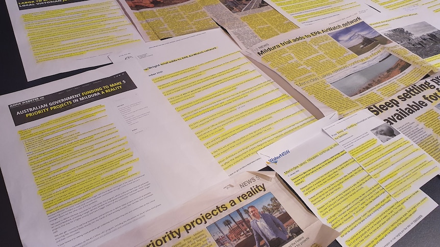 Newspaper clippings and media releases highlighted in yellow to indicate identical text.