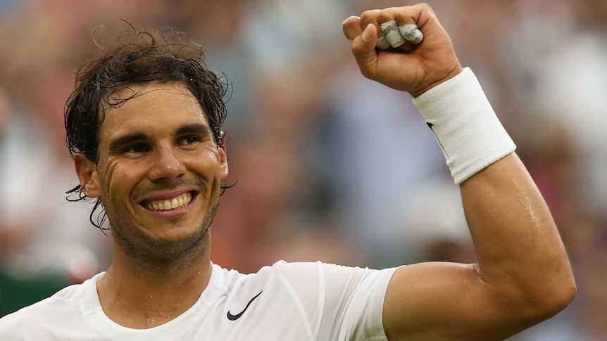 Spain's Rafael Nadal celebrates his win over Mikhail Kukushkin at Wimbledon.
