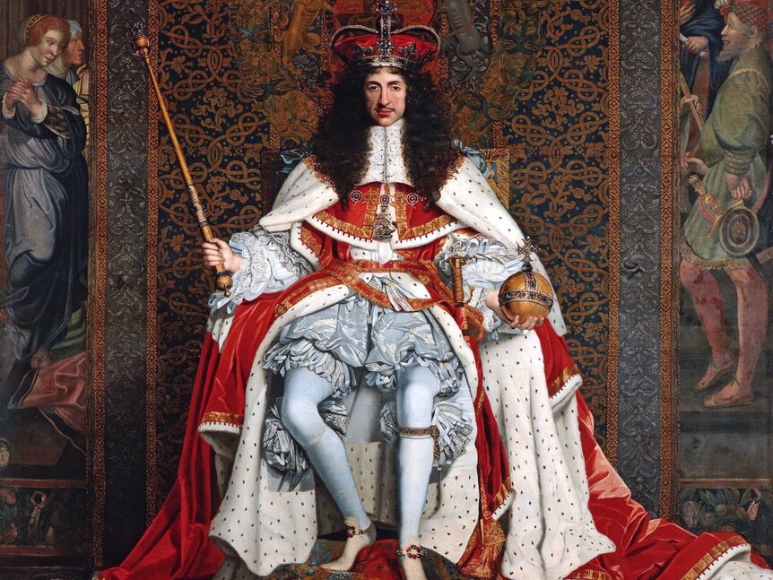 A paiting of a man with long, curly dark hair sitting on a throne, adorned by a jewelled robe, crown, holding an orb and sceptre