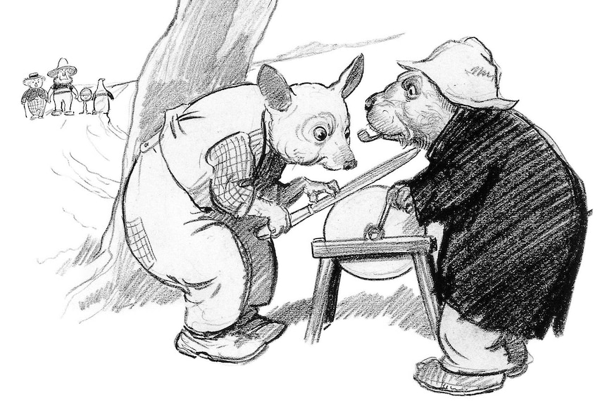 Black & white drawing of a possum and wombat clothed and sharpening a weapon, a group of other animals and pudding in background
