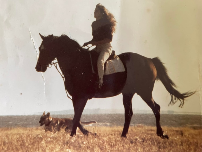 A woman with long brown hair rides an anglo stock horse with a dog at foot.